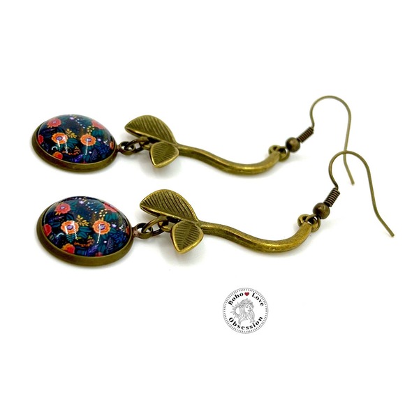 Black Cherry Dangle Earrings, Retro Boho Jewelry, Bohemian Bronze Accessory - Picture 1 of 10